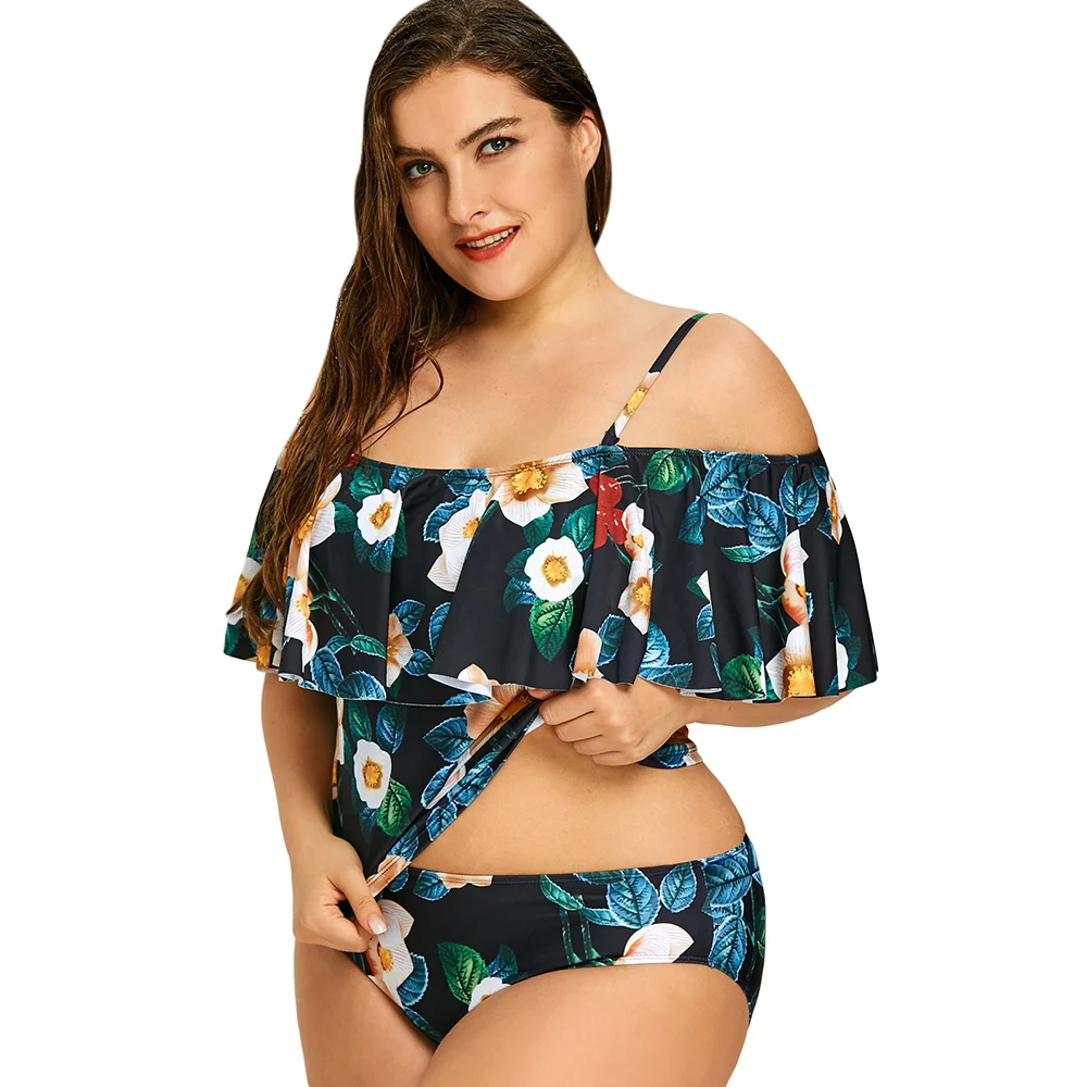 

Wipalo Plus Size Flounce Flowers Print Swim Wear Spaghetti Straps Off Shoulder Two-Pieces Bathing Suit 4XL Summer Beach Wear