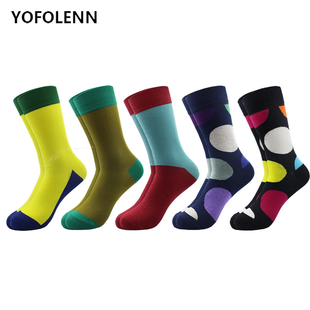 Фото 5 пар/лот мужские чёсаные хлопковые разноцветные забавные носки в крупный