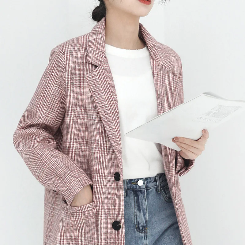 Vintage Single-breasted Plaid Women Blazer Jacket Chic Full Sleeve Notched Collar Female Jacket Outwear 2019 Casual Suit Coat 
Vintage Single-breasted Plaid Women Blazer Jacket Chic Full Sleeve Notched Collar Female Jacket Outwear 2019 Casual Suit Coat