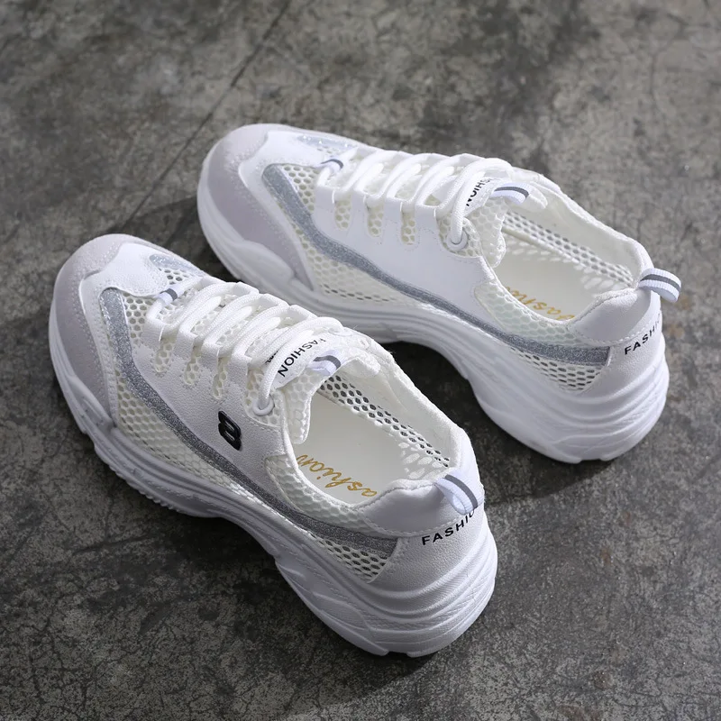 

2019 Summer Women Casual Shoes Platform White Mesh Sneakers Lace-Up Sewing Wedges Breathable Shoes For Women Zapatos Mujer