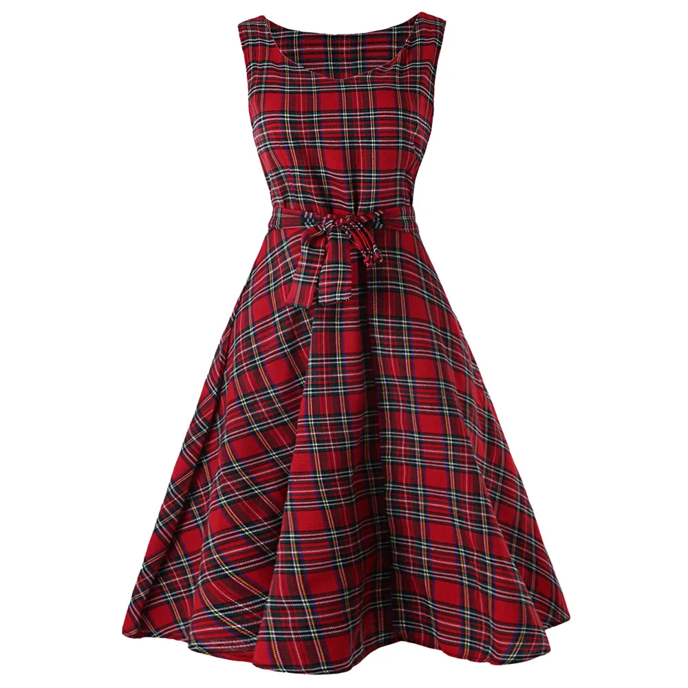 

Wipalo Vintage Tartan Mid Swing Women Dress Bow Knot Tied High Waist Sleeveless Retro Dress Summer Party Wear Plaid Dresses