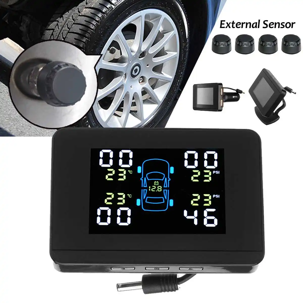 Auto Wireless Solar TPMS Car Tire Pressure Alarm Monitor System USB Charging LCD Display 4 External Sensor Temperature Warning
Auto Wireless Solar TPMS Car Tire Pressure Alarm Monitor System USB Charging LCD Display 4 External Sensor Temperature Warning