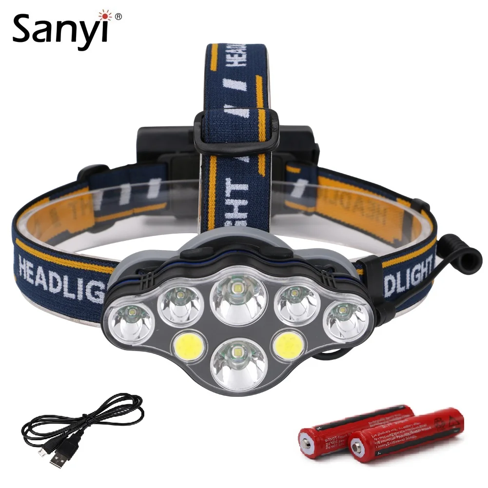 

Sanyi 2*XML T6+4*XPE+2*COB LED Headlamp Headlight 9000LM USB Charging Head Lamp 8 Modes Frontal Fishing Flashlight 18650 Torch