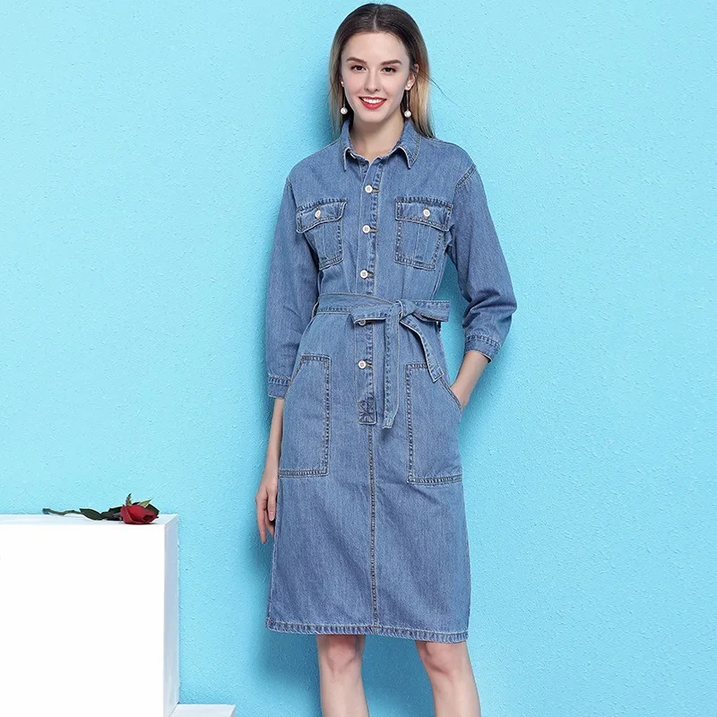 2019 spring new arrival three quarter sleeve denim dress female waistband waist pockets denim dress mujer NW19B6016
2019 spring new arrival three quarter sleeve denim dress female waistband waist pockets denim dress mujer NW19B6016