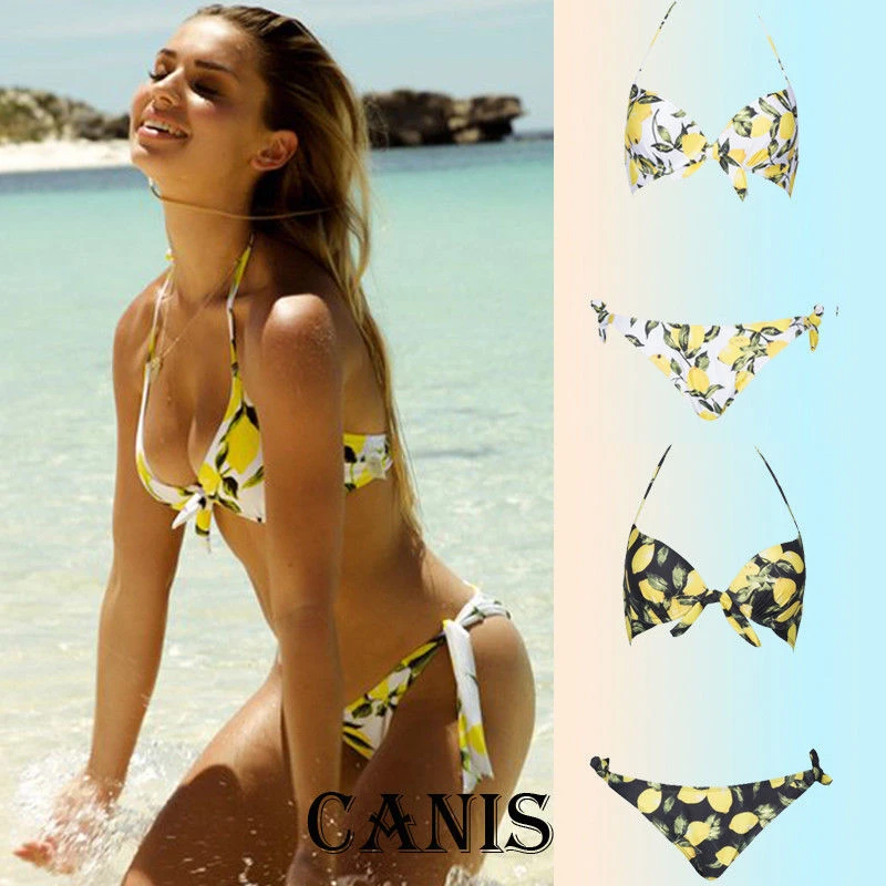 

Lemon Print Bikini Knotted Padded Thong Bikini Set Women Swimwear Swimsuit Scoop Neck High Cut Bathing Suit Brazilian Biquni