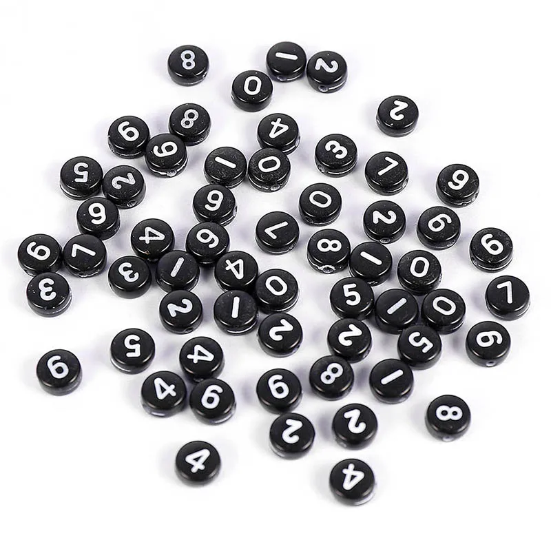 100 pcs silver flat round single and mixed numbers 0-9 acrylic beads 7 mm