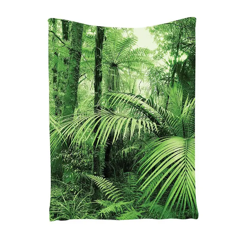 

TaTropical Rain Forest Green Tapestry , Palm Trees And Exotic Plants in Jungle with Wild Nature Zen Theme Art Decorations, Bed