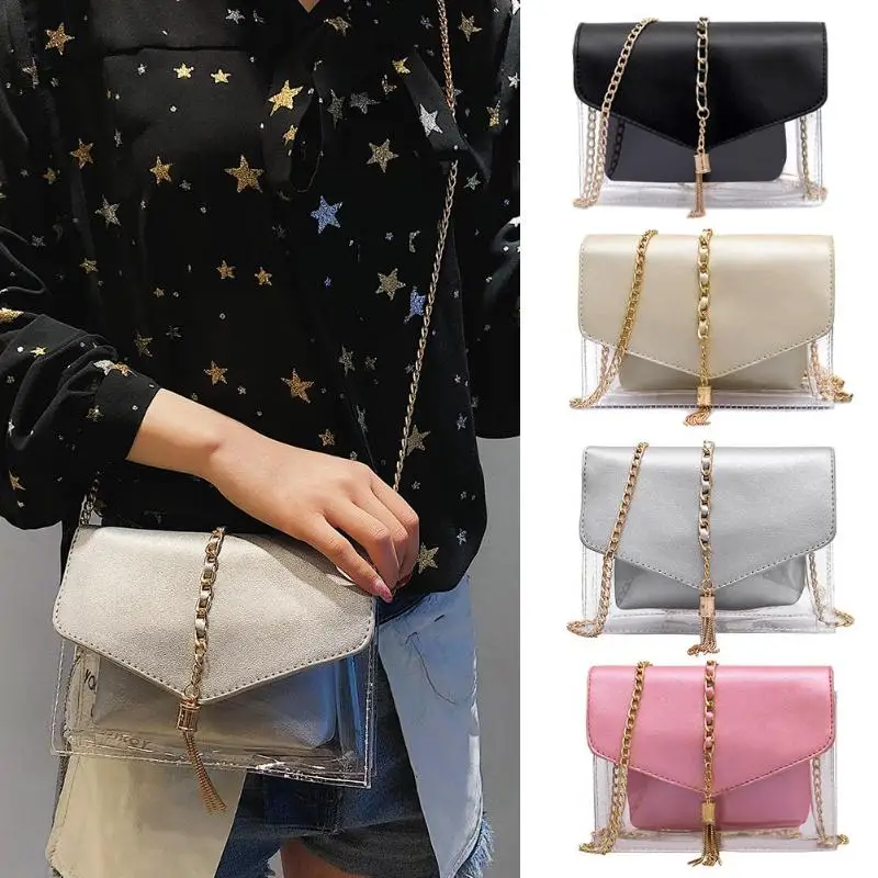 Fashion Transparent PVC Women Messenger Crossbody Shoulder Bag Small Square Bag Clear Tassel Chain Clutch Evening Purse Handbags
Fashion Transparent PVC Women Messenger Crossbody Shoulder Bag Small Square Bag Clear Tassel Chain Clutch Evening Purse Handbags