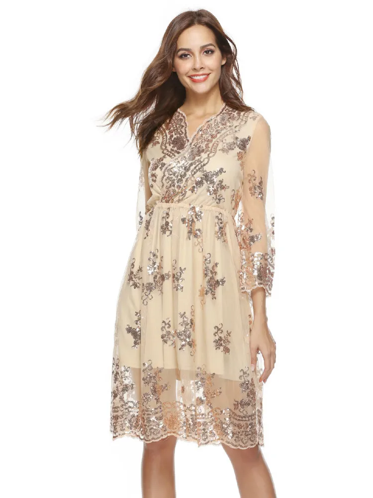 Uguest Women Dress V-neck Long Sleeve A-line Solid Knee-length Sequined Party Dresses Tightness Waist Sexy Dress Lace Plus Size
Uguest Women Dress V-neck Long Sleeve A-line Solid Knee-length Sequined Party Dresses Tightness Waist Sexy Dress Lace Plus Size