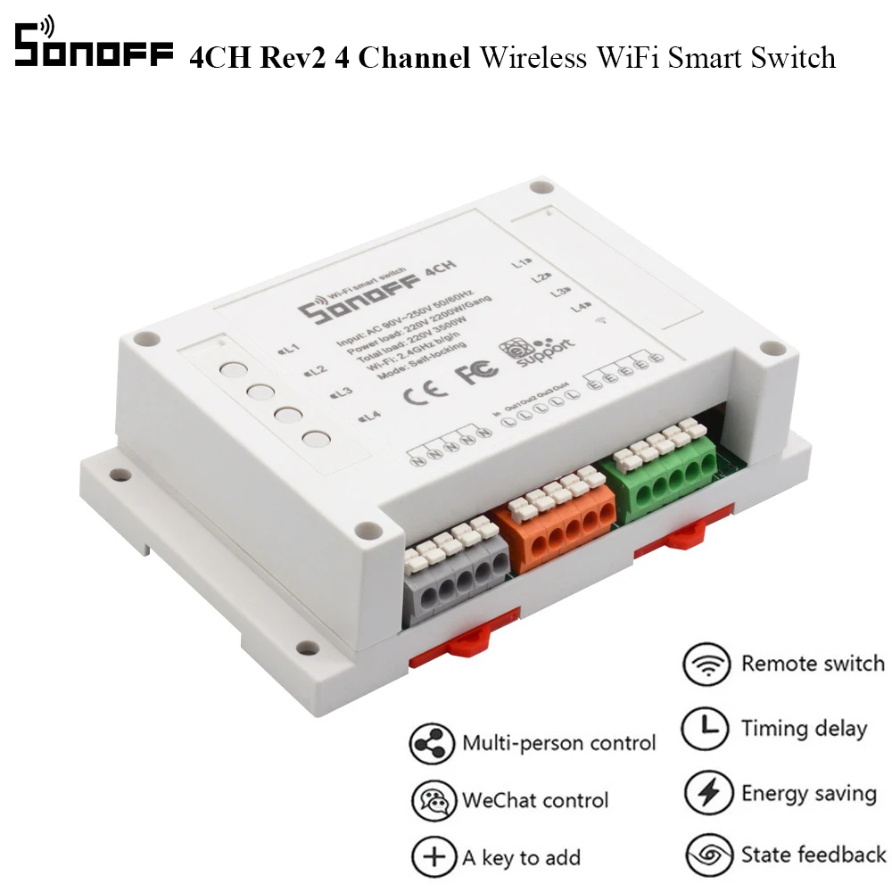 SONOFF 4CH Wireless WiFi Smart Switch Rev2 4 Channel Universal Remote Intelligent Switch Din Rail Mounting SmartHome WiFI Switch
SONOFF 4CH Wireless WiFi Smart Switch Rev2 4 Channel Universal Remote Intelligent Switch Din Rail Mounting SmartHome WiFI Switch
