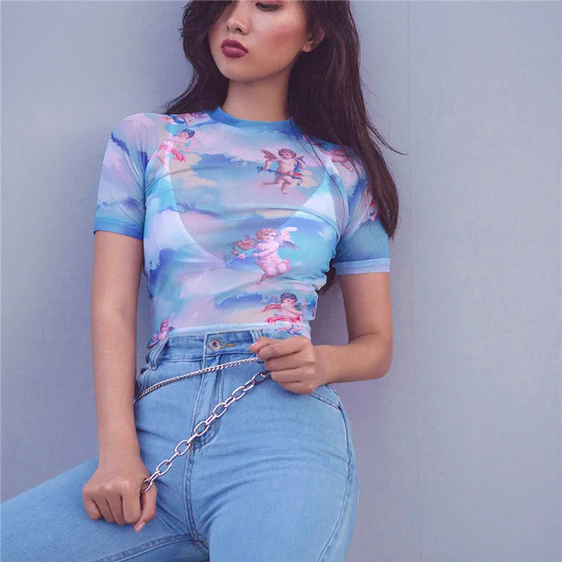 Women Cupid Cherub Print Transparent Mesh Sheer Crop Tops Lady Girl Short Sleeves Slim T-Shirt Summer See-through Tee Tops
Women Cupid Cherub Print Transparent Mesh Sheer Crop Tops Lady Girl Short Sleeves Slim T-Shirt Summer See-through Tee Tops