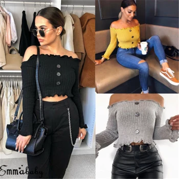 Off Shoulder Ruffle Crop Top Women Long Sleeve Slim Knitted Sweater Top Solid Sexy Sweater
Off Shoulder Ruffle Crop Top Women Long Sleeve Slim Knitted Sweater Top Solid Sexy Sweater