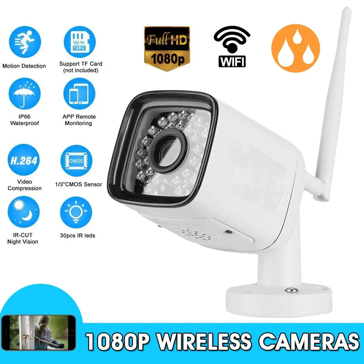 720P/1080P IR-Cut Night Vision IP66 Waterproof Outdoor WLAN WiFi Wireleess 1.0MP/2.0MP Security CCTV IP Camera Surveillance
720P/1080P IR-Cut Night Vision IP66 Waterproof Outdoor WLAN WiFi Wireleess 1.0MP/2.0MP Security CCTV IP Camera Surveillance