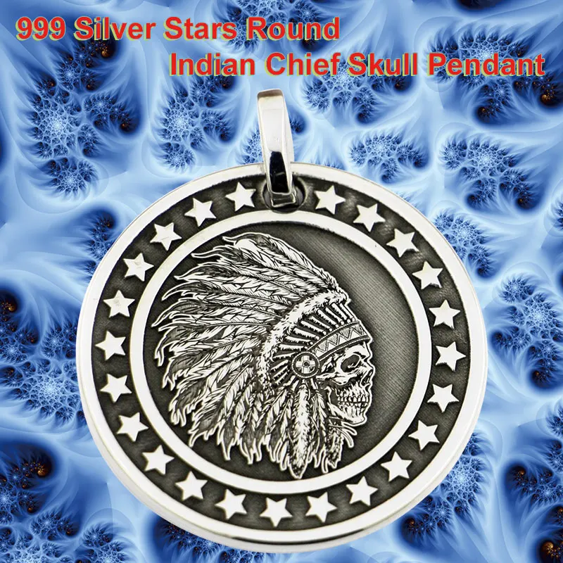 Retro Fashion Engraved Tags Solid 999 Sterling Silver Cool Knight Individuality Stars Round Indian Chief Skull Pendant 9X303
Retro Fashion Engraved Tags Solid 999 Sterling Silver Cool Knight Individuality Stars Round Indian Chief Skull Pendant 9X303