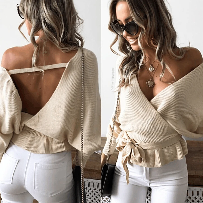 Sexy V Neck Backless Women Sweaters Bow Tie Long Sleeve Backless Autumn Winter Sweater elegant pullover tops
Sexy V Neck Backless Women Sweaters Bow Tie Long Sleeve Backless Autumn Winter Sweater elegant pullover tops