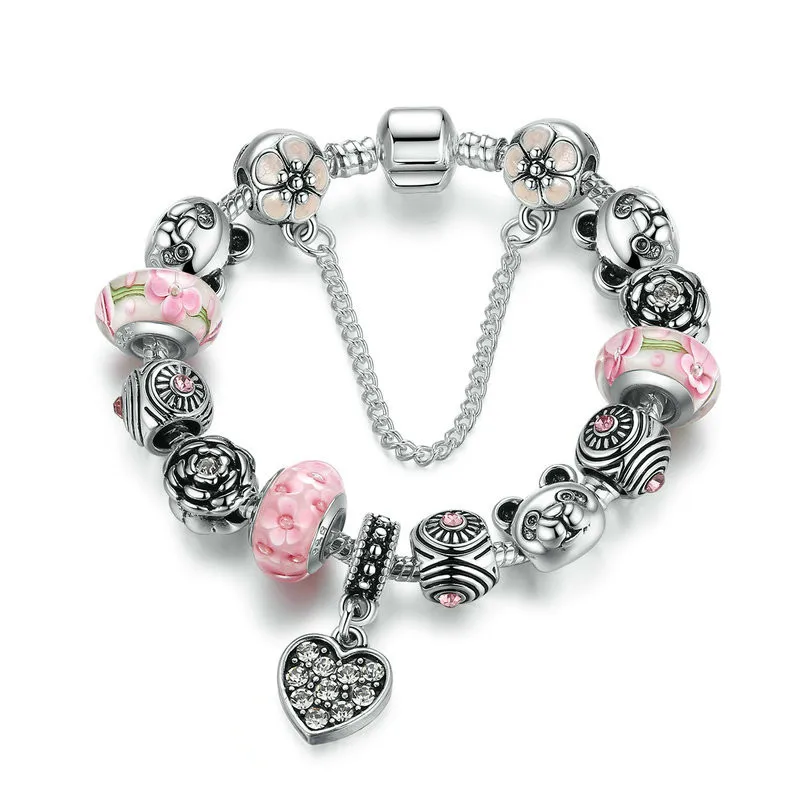 Charm Bracelet Silver Color Heart Pendant & Bear Flower Safety Chain Pink Murano Beads Bracelets Jewelry Making Pa1903 BAMOER
Charm Bracelet Silver Color Heart Pendant & Bear Flower Safety Chain Pink Murano Beads Bracelets Jewelry Making Pa1903 BAMOER