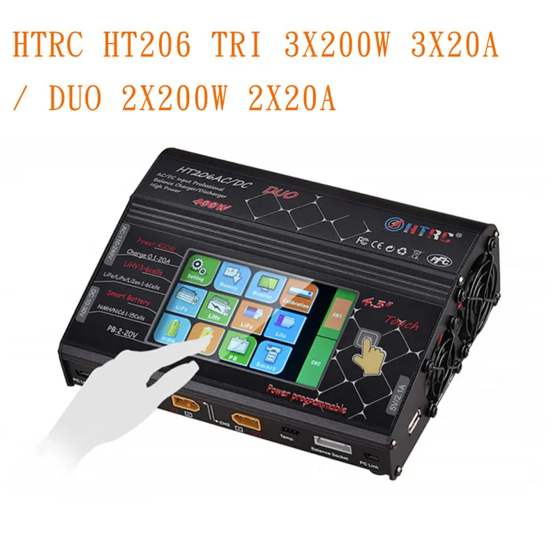 HTRC HT206 TRI 3X200W 3X20A / DUO 2X200W 2X20A AC/DC 4.3 Inch LCD Touches Screen Battery Balance Charger Discharger For RC Model
HTRC HT206 TRI 3X200W 3X20A / DUO 2X200W 2X20A AC/DC 4.3 Inch LCD Touches Screen Battery Balance Charger Discharger For RC Model