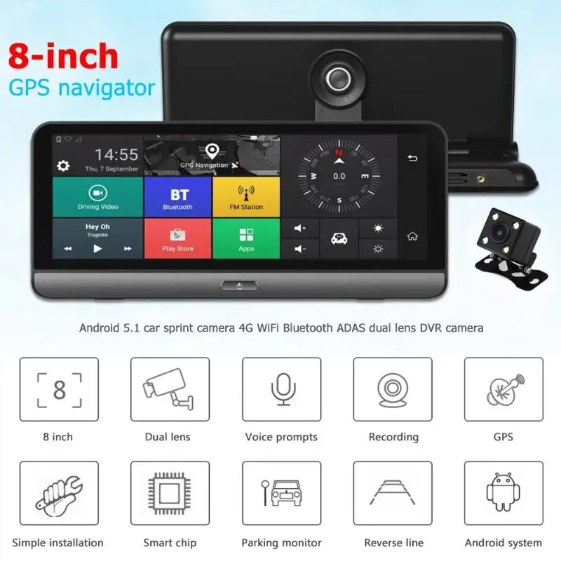 8-Inch Android 5.1 WiFi Bluetooth ADAS Dual Lens DVR Car Camera Vehicle GPS Navigation Rear View Camera Mirror Recorder Dash Cam
8-Inch Android 5.1 WiFi Bluetooth ADAS Dual Lens DVR Car Camera Vehicle GPS Navigation Rear View Camera Mirror Recorder Dash Cam