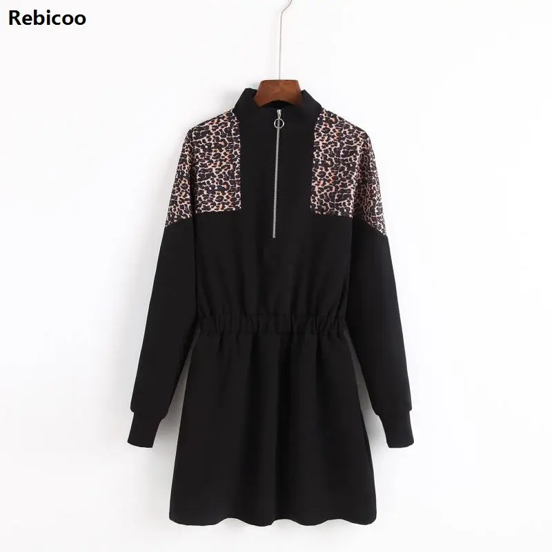 2019 Early Spring Leopard Patchwork Women Dress Stand Collar Zip Up Elastic Waist Black Perfect Bascis Streetwear Dress
2019 Early Spring Leopard Patchwork Women Dress Stand Collar Zip Up Elastic Waist Black Perfect Bascis Streetwear Dress