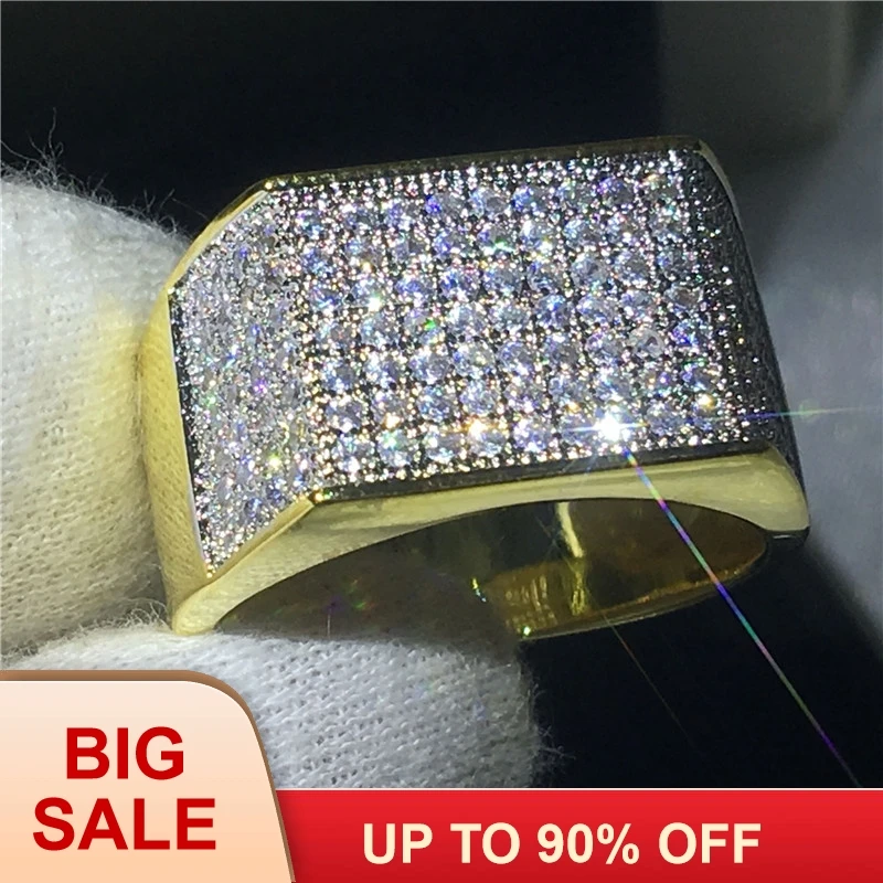 Handsome male ring Pave Setting 119pcs AAAAA Cz Yellow Gold Filled 925 silver Engagement wedding band for men Jewelry Gift | Украшения и