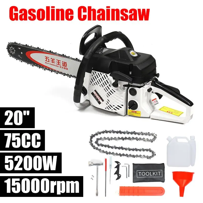 Professional Chainsaw 20" 5200W Gas Gasoline Powered Chainsaw Wood Cutting Grindling Machine 75cc Engine Cycle Chain Saw
Professional Chainsaw 20" 5200W Gas Gasoline Powered Chainsaw Wood Cutting Grindling Machine 75cc Engine Cycle Chain Saw