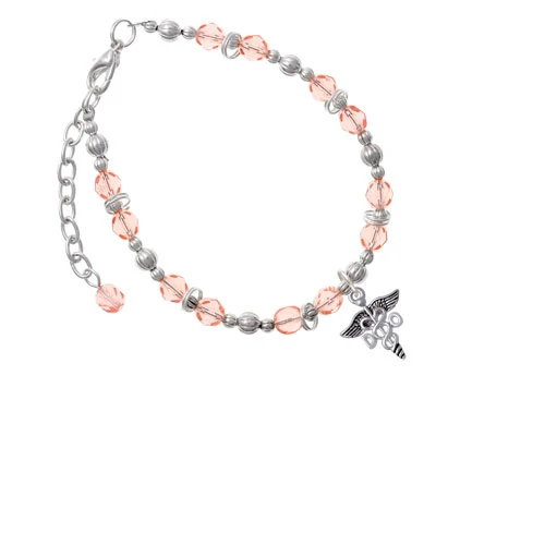 Silvertone Caduceus - DO Pink Beaded Bracelet |