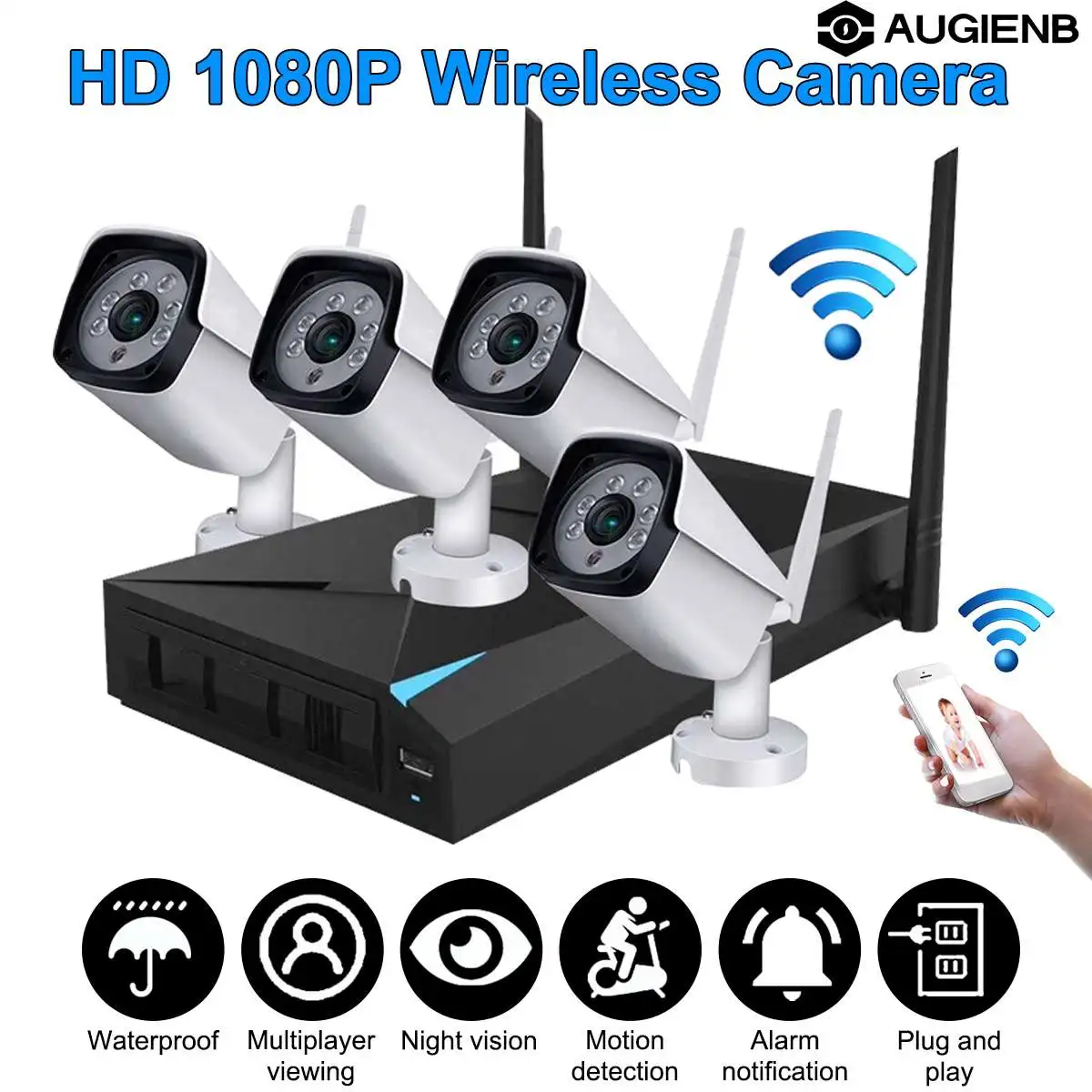 1080P Wireless Security Camera System, 4CH NVR WiFi IP Cameras, CCTV Video Surveillance System Kit Plug & Play, Motion Detection
1080P Wireless Security Camera System, 4CH NVR WiFi IP Cameras, CCTV Video Surveillance System Kit Plug & Play, Motion Detection