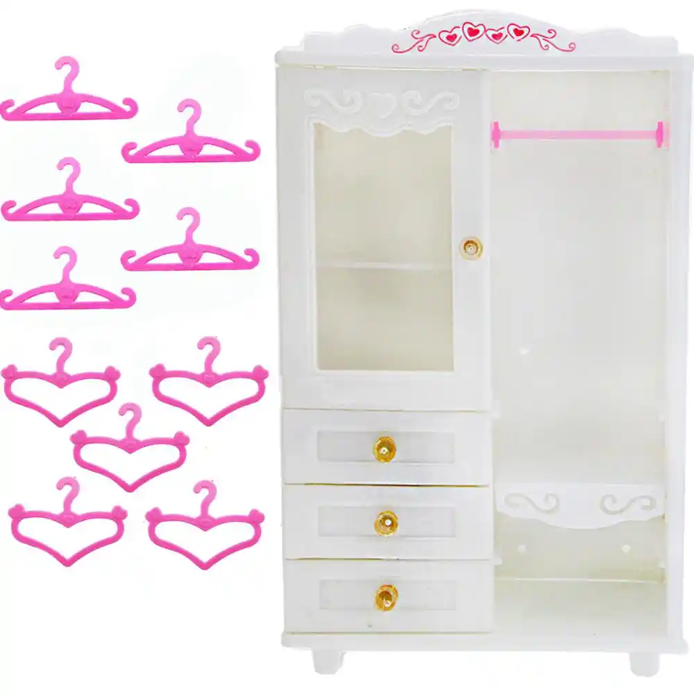10x Pink Hangers 1x White Wardrobe Closet Princess Dollhouse