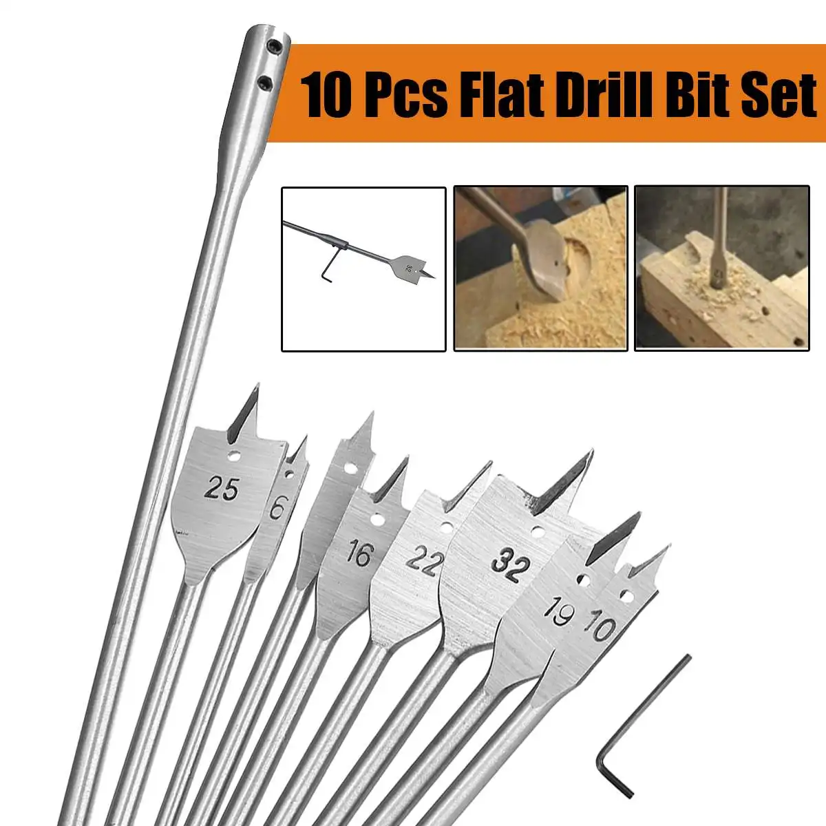 10pcs/set 6-32mm Flat Drills HSS High Speed Steel Woodworking Flat Drill Bit W/ 12" Extension Shank HEX Hole Cutting Wood Tool
10pcs/set 6-32mm Flat Drills HSS High Speed Steel Woodworking Flat Drill Bit W/ 12" Extension Shank HEX Hole Cutting Wood Tool
