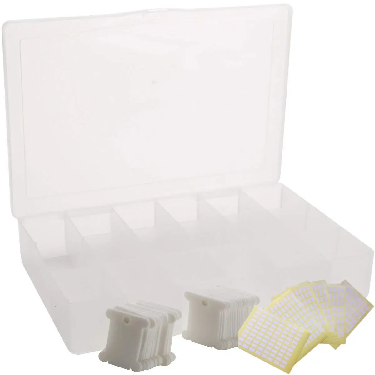 Embroidery Floss Organizer Box - 17 Compartments with 100 Hard Plastic Floss Bobbins and 480 Floss Number Stickers. (Full Set)
Embroidery Floss Organizer Box - 17 Compartments with 100 Hard Plastic Floss Bobbins and 480 Floss Number Stickers. (Full Set)