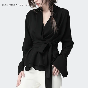 Office Ladies Black Shirt Long Flare Sleeve Sexy V-Neck Top Plus Size Work Wear Women Tops With Sash Fashion Kimono Cardigan
Office Ladies Black Shirt Long Flare Sleeve Sexy V-Neck Top Plus Size Work Wear Women Tops With Sash Fashion Kimono Cardigan