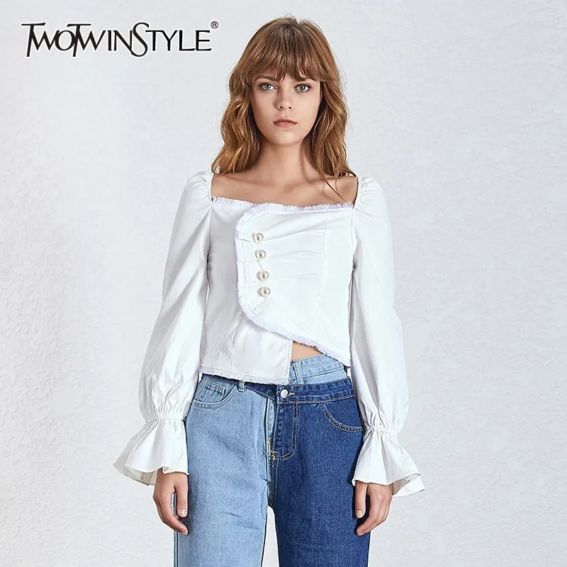 TWOTWINSTYLE Off Shoulder Sexy Women Blouse Square Collar Flare Sleeve Pearl Patchwork Asymmetric Slim Tops Female Summer 2019
TWOTWINSTYLE Off Shoulder Sexy Women Blouse Square Collar Flare Sleeve Pearl Patchwork Asymmetric Slim Tops Female Summer 2019