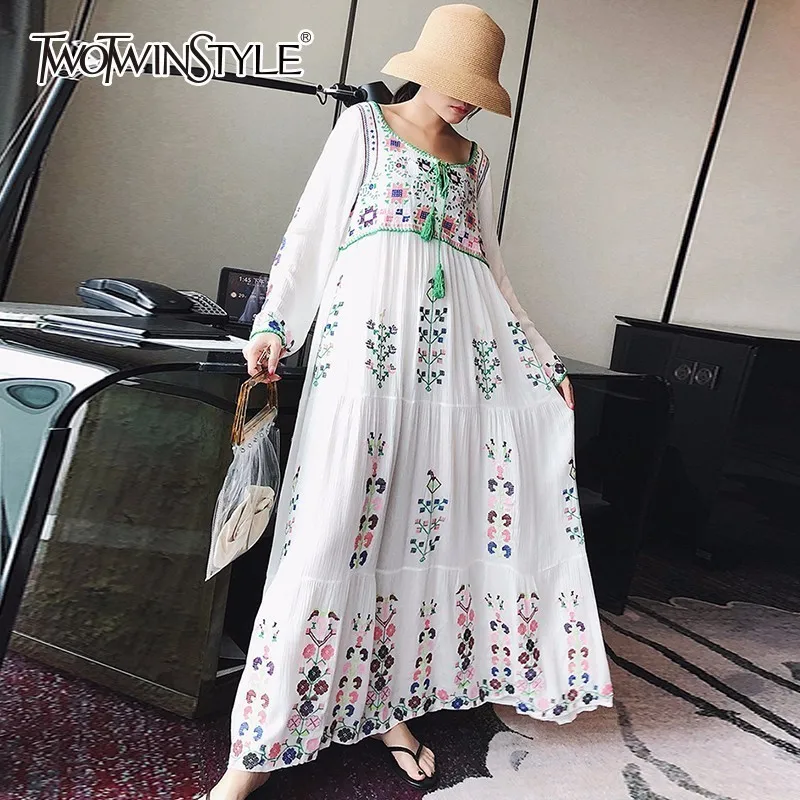TWOTWINSTYLE Embroidery Dress For Women Print Long Sleeve Lace Up Tassel High Waist Maxi Dresses Summer Fashion Vintage Clothing
TWOTWINSTYLE Embroidery Dress For Women Print Long Sleeve Lace Up Tassel High Waist Maxi Dresses Summer Fashion Vintage Clothing