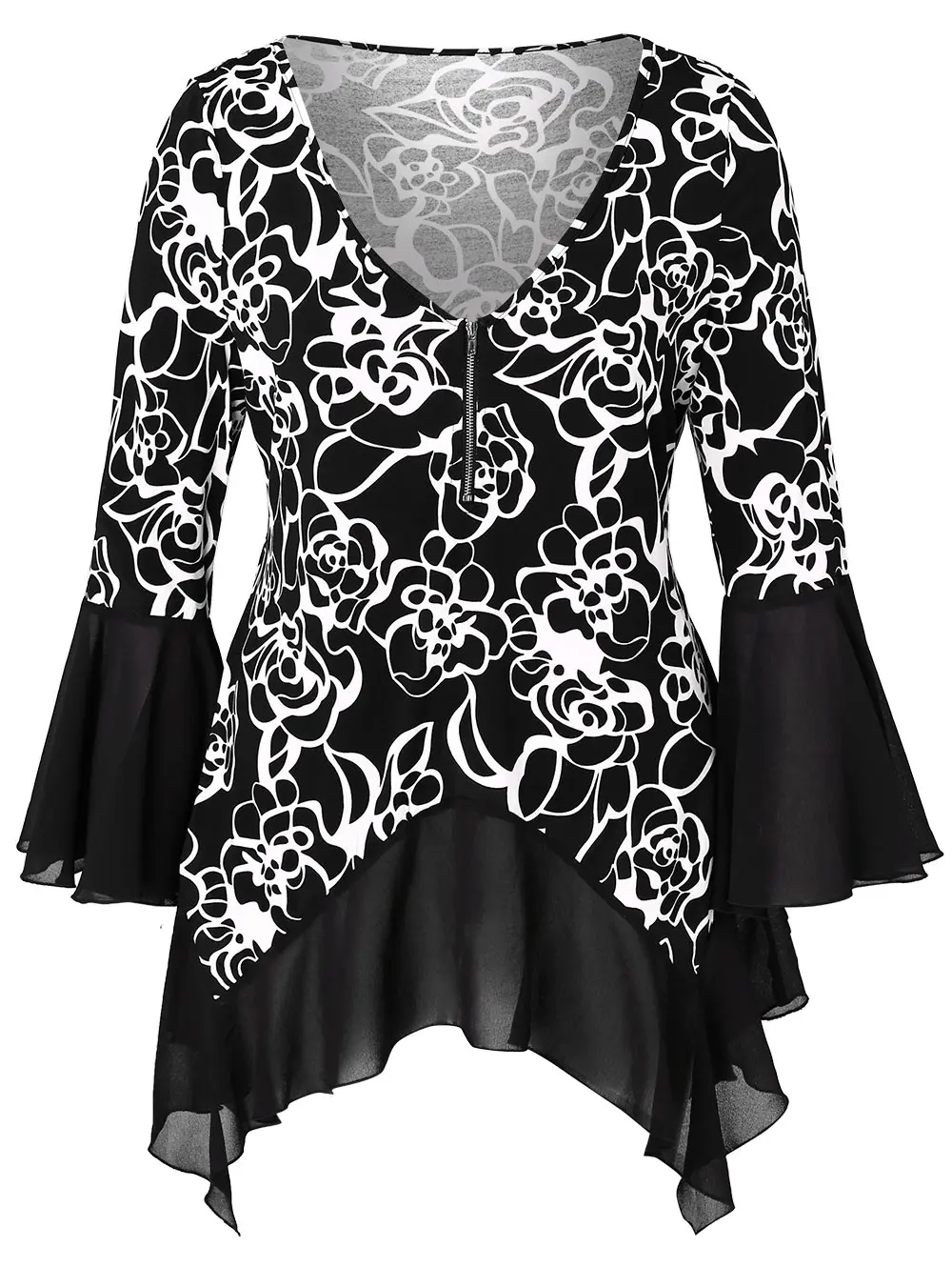 Wipalo Women T Shirts Plus Size Half Zip High Low T-Shirt Flower Print Flare Sleeve V-Neck Casual Female Tops Clothes | Женская одежда