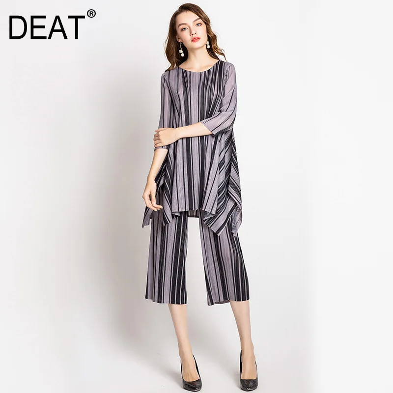 DEAT 2019 New Stylish Women Pleated Pant Suits O Neck Three-quarter Sleeve Striped Printed Tops Calf Length Wide Leg Pants JL564
DEAT 2019 New Stylish Women Pleated Pant Suits O Neck Three-quarter Sleeve Striped Printed Tops Calf Length Wide Leg Pants JL564