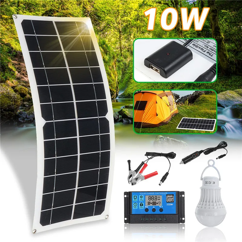 10W 12/5V 5in1 USB Solar Panel Charger Monocrystalline Flexible Cell Generator Lighting System W/ 10A Controller 3W Light Bulb
10W 12/5V 5in1 USB Solar Panel Charger Monocrystalline Flexible Cell Generator Lighting System W/ 10A Controller 3W Light Bulb