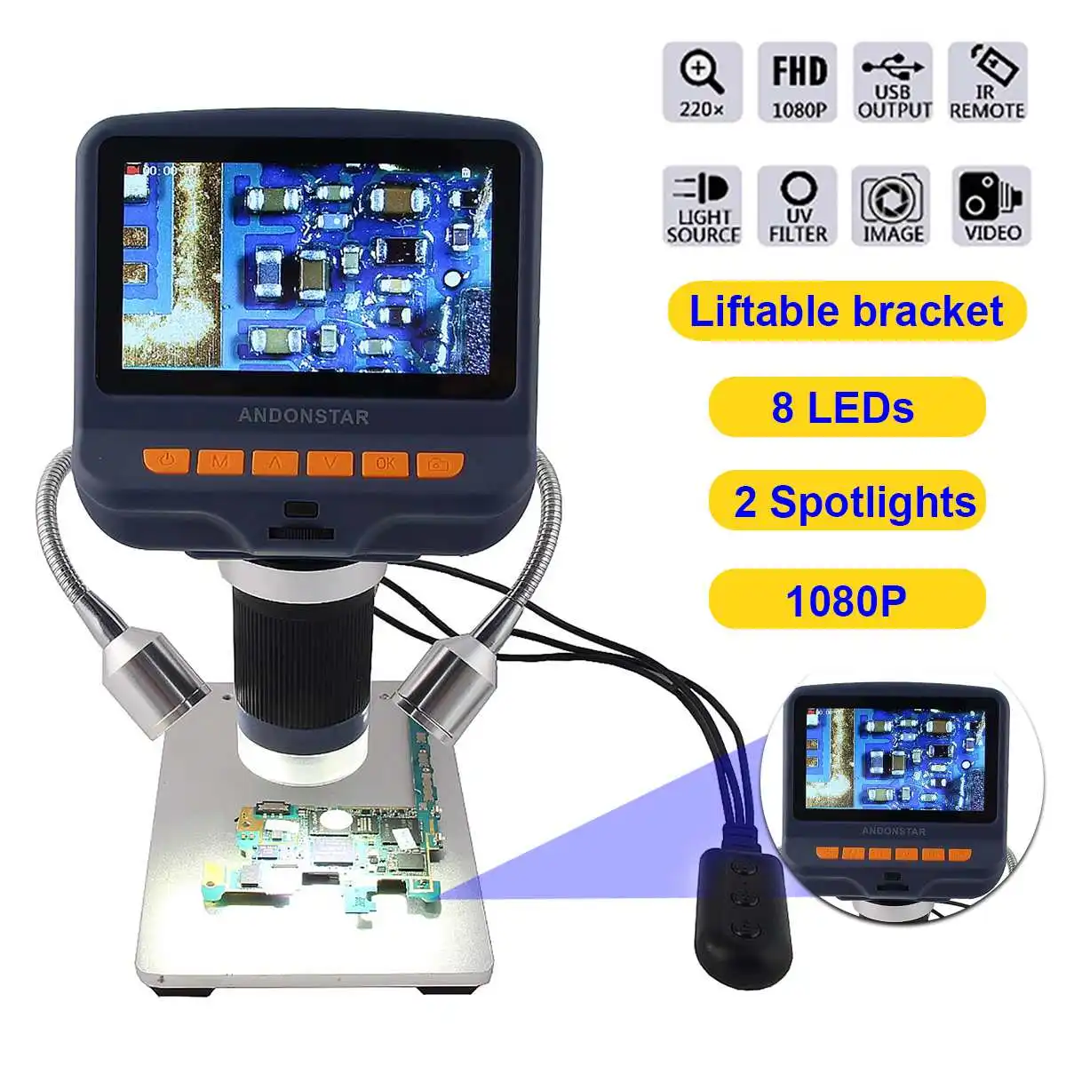 Digital USB Video Microscope 4.3" Screen 1080P PCB Jewelry Magnifier 500X 8 LED VGA+2 Spotlights Inspection +Stand QC/Industria
Digital USB Video Microscope 4.3" Screen 1080P PCB Jewelry Magnifier 500X 8 LED VGA+2 Spotlights Inspection +Stand QC/Industria