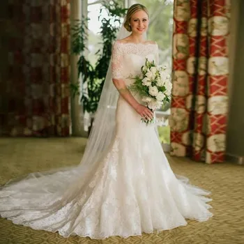 Mermaid Wedding Dresses with Half Sleeves Boat Neck vestido de novia vintage country rustic robe de mariage 2019
Mermaid Wedding Dresses with Half Sleeves Boat Neck vestido de novia vintage country rustic robe de mariage 2019