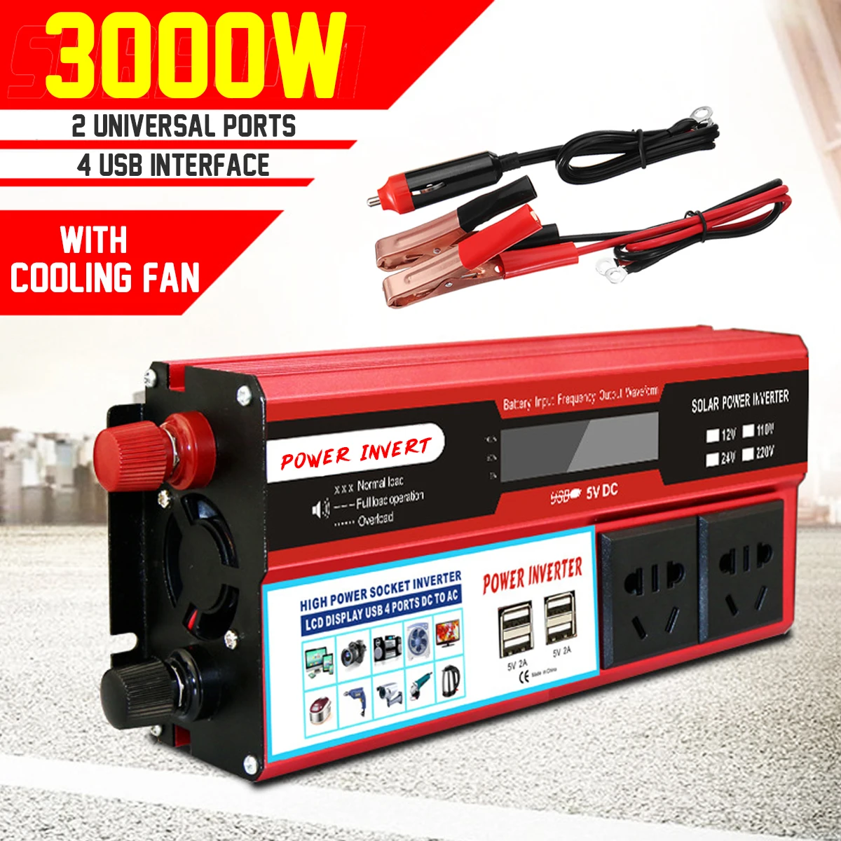 P eak 3000W Car Solar Power Inverter DC 12/24V to AC 220V/110V Sine Wave USB Converter Protection 4 Interface AC Outlets Compaty
P eak 3000W Car Solar Power Inverter DC 12/24V to AC 220V/110V Sine Wave USB Converter Protection 4 Interface AC Outlets Compaty