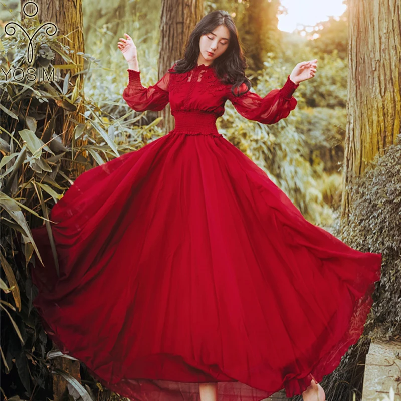 YOSIMI 2018 Autumn Chiffon Long Women Dress Red Female Vestido Stand Neck Long SLeeve Vintage Maxi Empire Dress Ankle-length
YOSIMI 2018 Autumn Chiffon Long Women Dress Red Female Vestido Stand Neck Long SLeeve Vintage Maxi Empire Dress Ankle-length