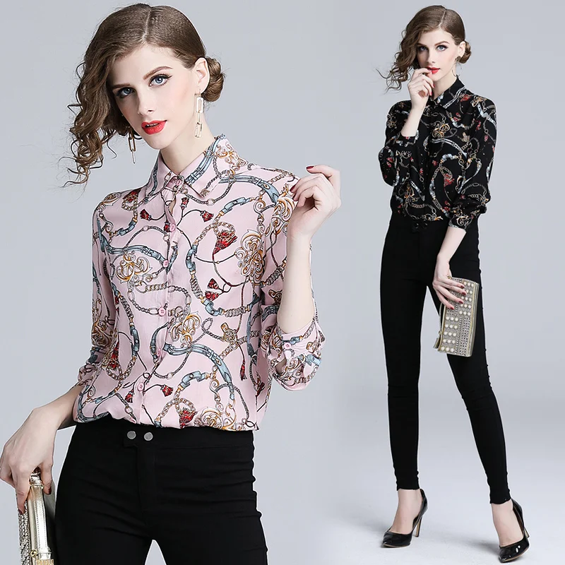 Runway chain Print Blouse 2018 Slong sleeve Women's OL Casual Shirt Flower Striped Tops Female Beach Party Blusas
Runway chain Print Blouse 2018 Slong sleeve Women's OL Casual Shirt Flower Striped Tops Female Beach Party Blusas