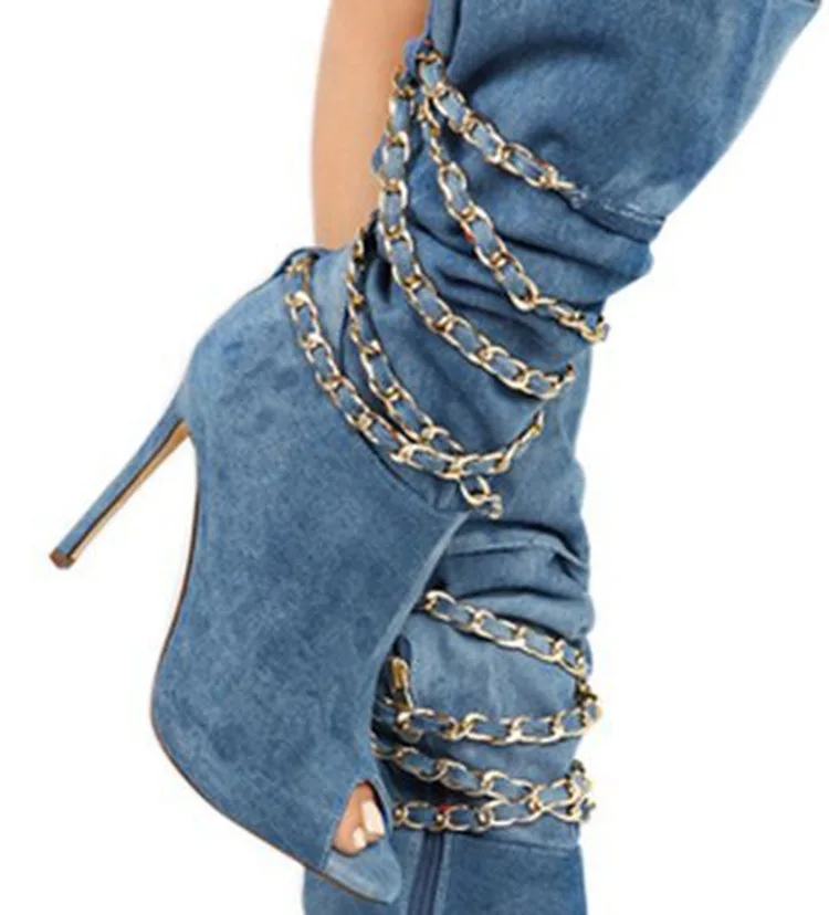 Fashion Women Mid-Calf Boots in Sexy Peep toe with Denim Blue Pattern New Spring Shoes Chains Across High Heels
Fashion Women Mid-Calf Boots in Sexy Peep toe with Denim Blue Pattern New Spring Shoes Chains Across High Heels