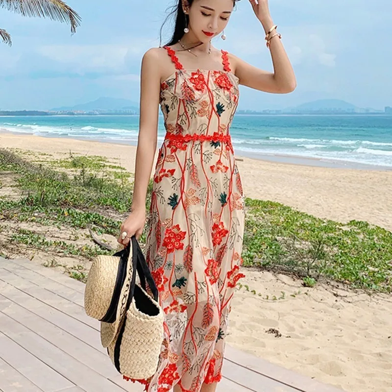 Women Flower Embroidery Red Holiday Beach Dress 2019 Summer Spaghetti Strap Casual Mesh Lace Sleeveless Long Dresses Sundress
Women Flower Embroidery Red Holiday Beach Dress 2019 Summer Spaghetti Strap Casual Mesh Lace Sleeveless Long Dresses Sundress