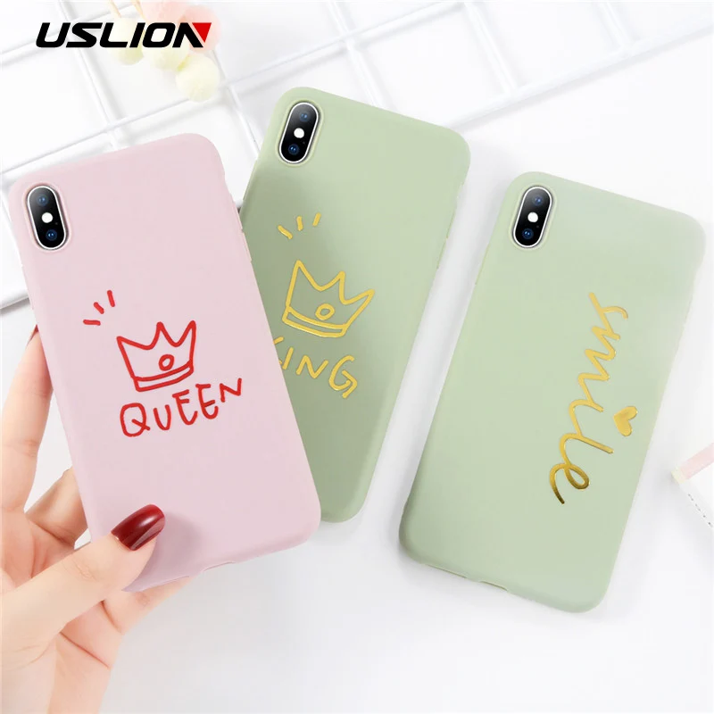 USLION Cartoon Crown Phone Cases For iPhone 6 6s 7 8 Plus Letter KING QUEEN Soft TPU Cover X XS XR Xs Max |