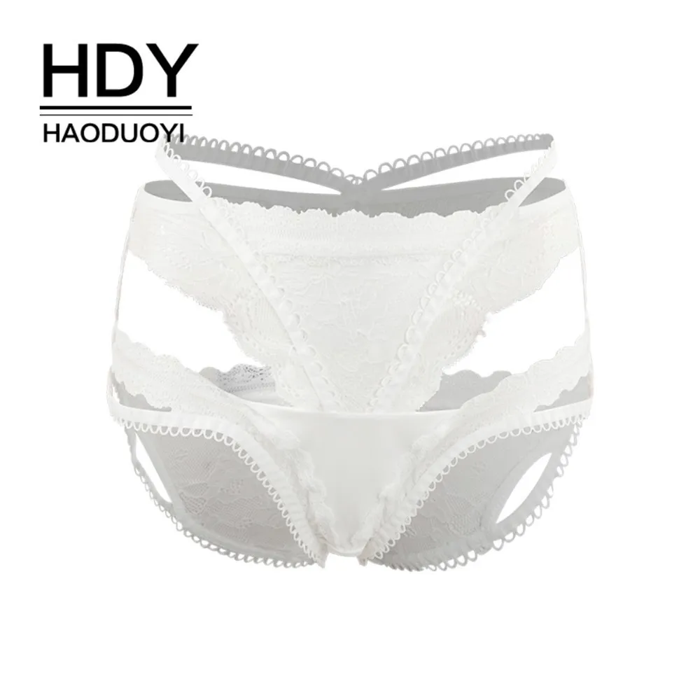 

HDY Haoduoyi Lace Fashion Cut Out Bandage Contrast High Waist See Through Flower Underpants New Pure Color White