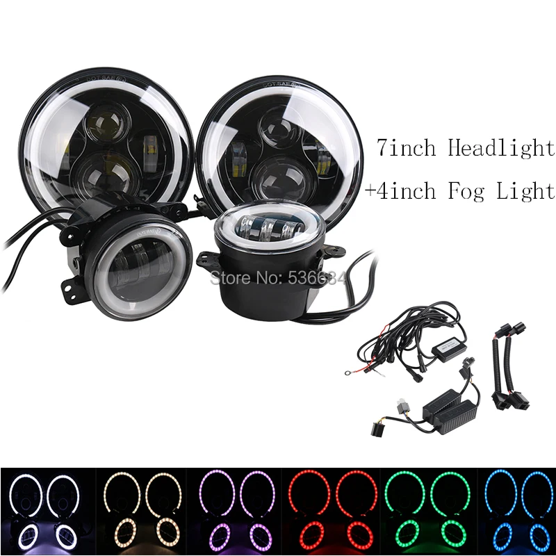 2Pcs 7 Inch RGB Halo Ring Headlight + 2Pcs 4 Inch RGB Halo Ring Fog Light for Jeep Wrangler JK 2007-2017
2Pcs 7 Inch RGB Halo Ring Headlight + 2Pcs 4 Inch RGB Halo Ring Fog Light for Jeep Wrangler JK 2007-2017