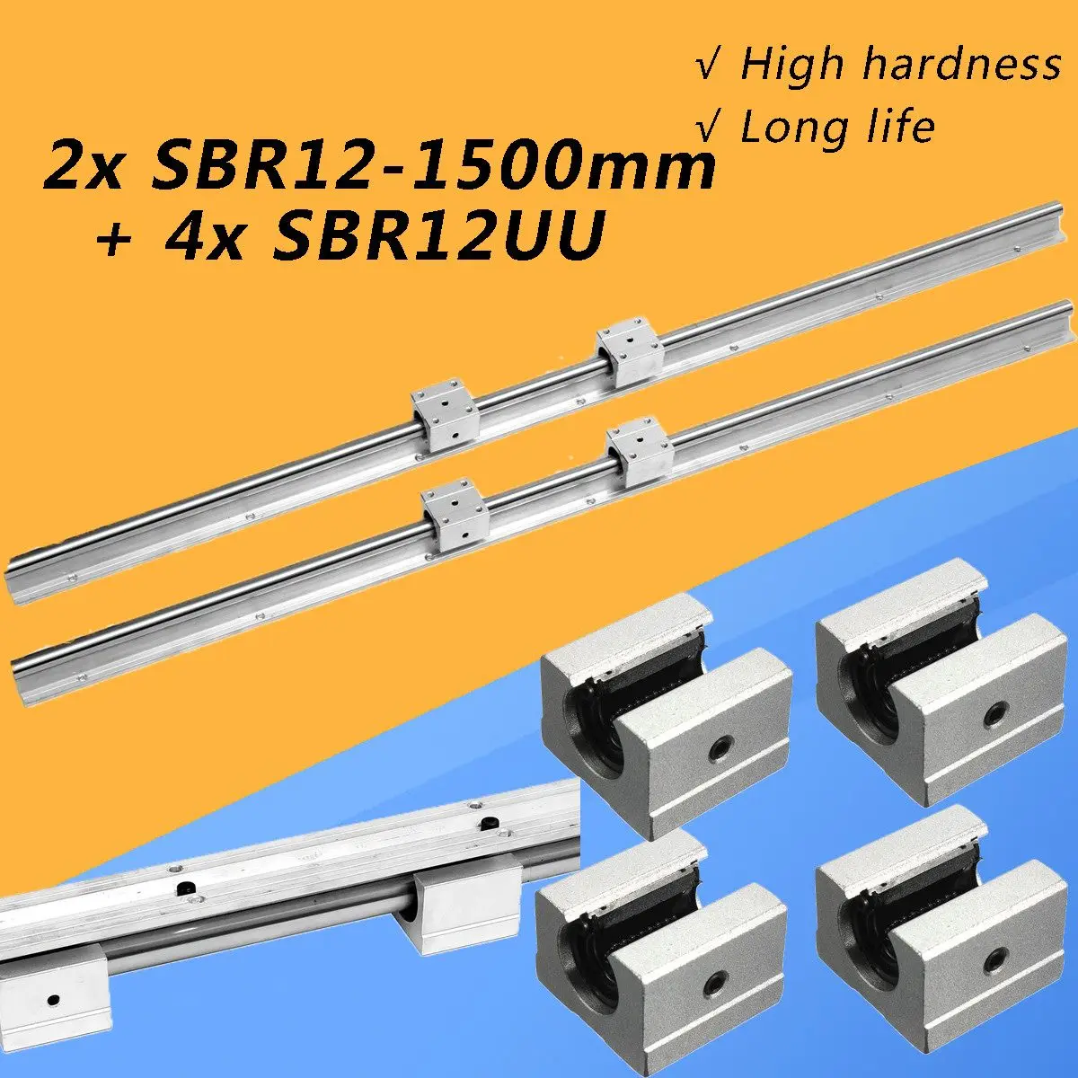 

2Set SBR12 1500mm Fully Supported Linear Rail Slide Shaft Rod Optical Axis Guide With 4Pcs SBR12UU Bearing Block