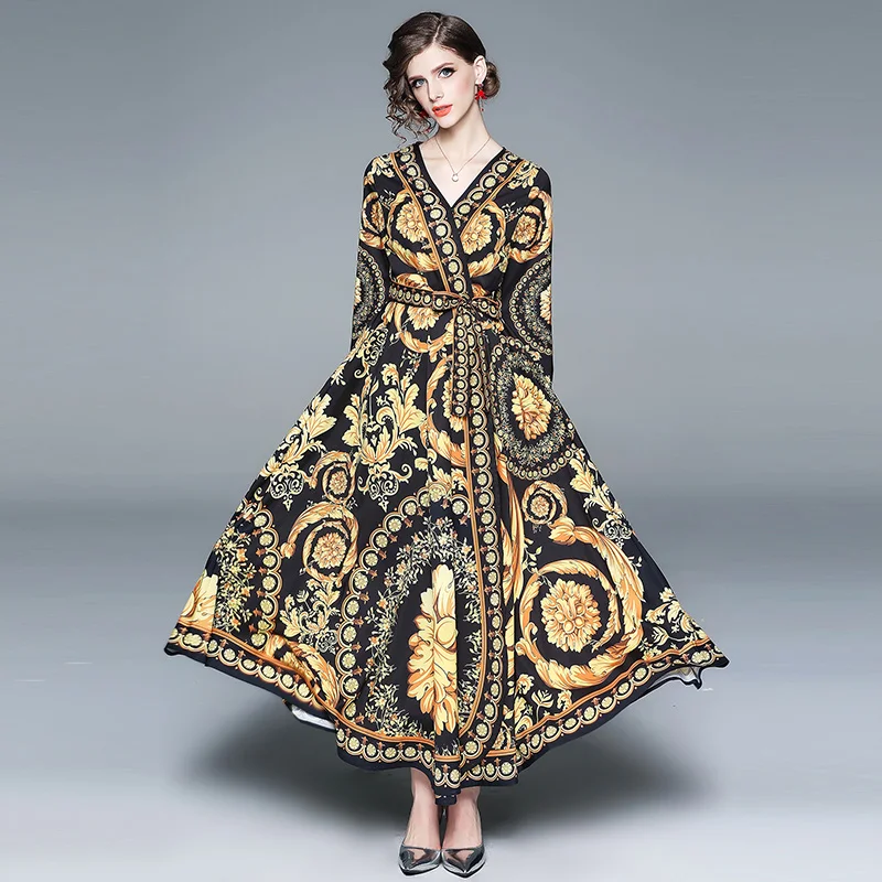 New 2019 Spring Summer Runway Baroque Dress Women Pattern Gold Print Black Floral Maxi Dresses Long Sleeve Laces Vestidos Mujer
New 2019 Spring Summer Runway Baroque Dress Women Pattern Gold Print Black Floral Maxi Dresses Long Sleeve Laces Vestidos Mujer