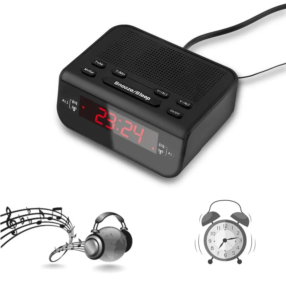 

Alarm Clock FM Radio Digital Dual LED Display Support Dual Alarm Buzzer Snooze Sleep Timer Function Clocks AM/FM Radios
