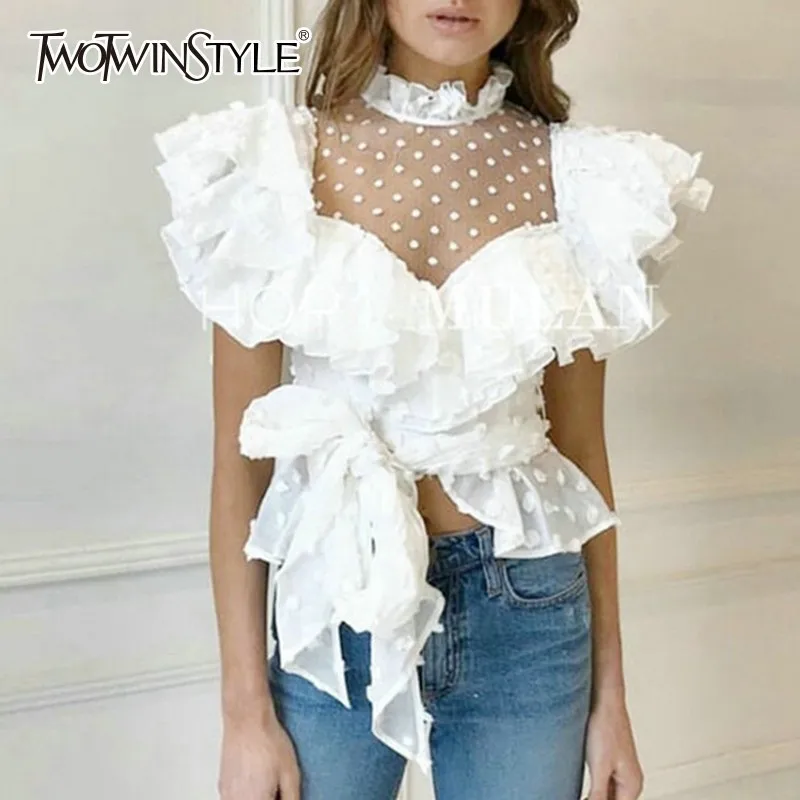 TWOTWINSTYLE Patchwork Lace Shirts Blouse Women Stand Collar Sleeveless Bandage Ruffle Tops Female Summer 2019 Korean Fashion
TWOTWINSTYLE Patchwork Lace Shirts Blouse Women Stand Collar Sleeveless Bandage Ruffle Tops Female Summer 2019 Korean Fashion